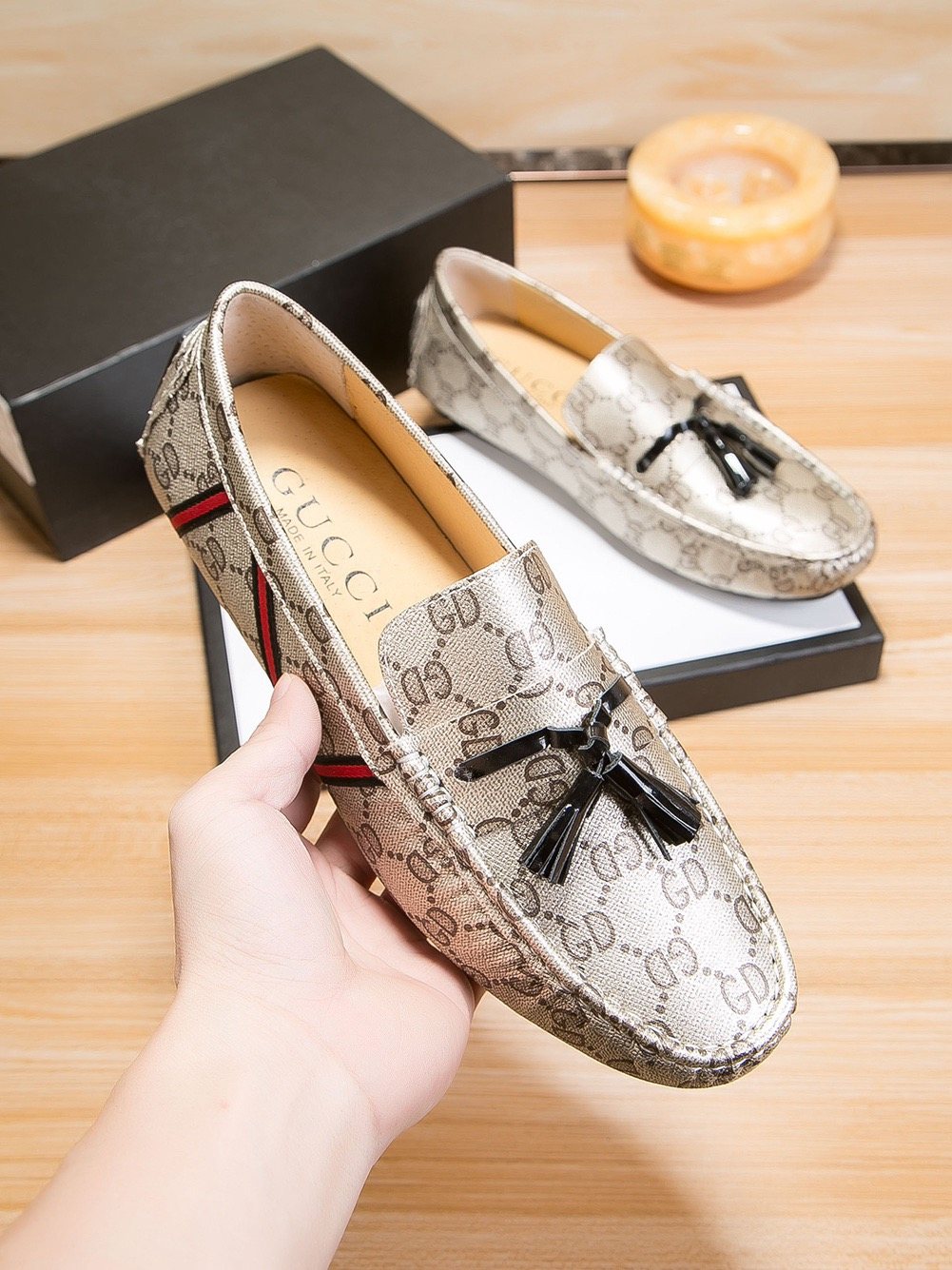 Gucci Monogram Stripe Tassel Loafers — model