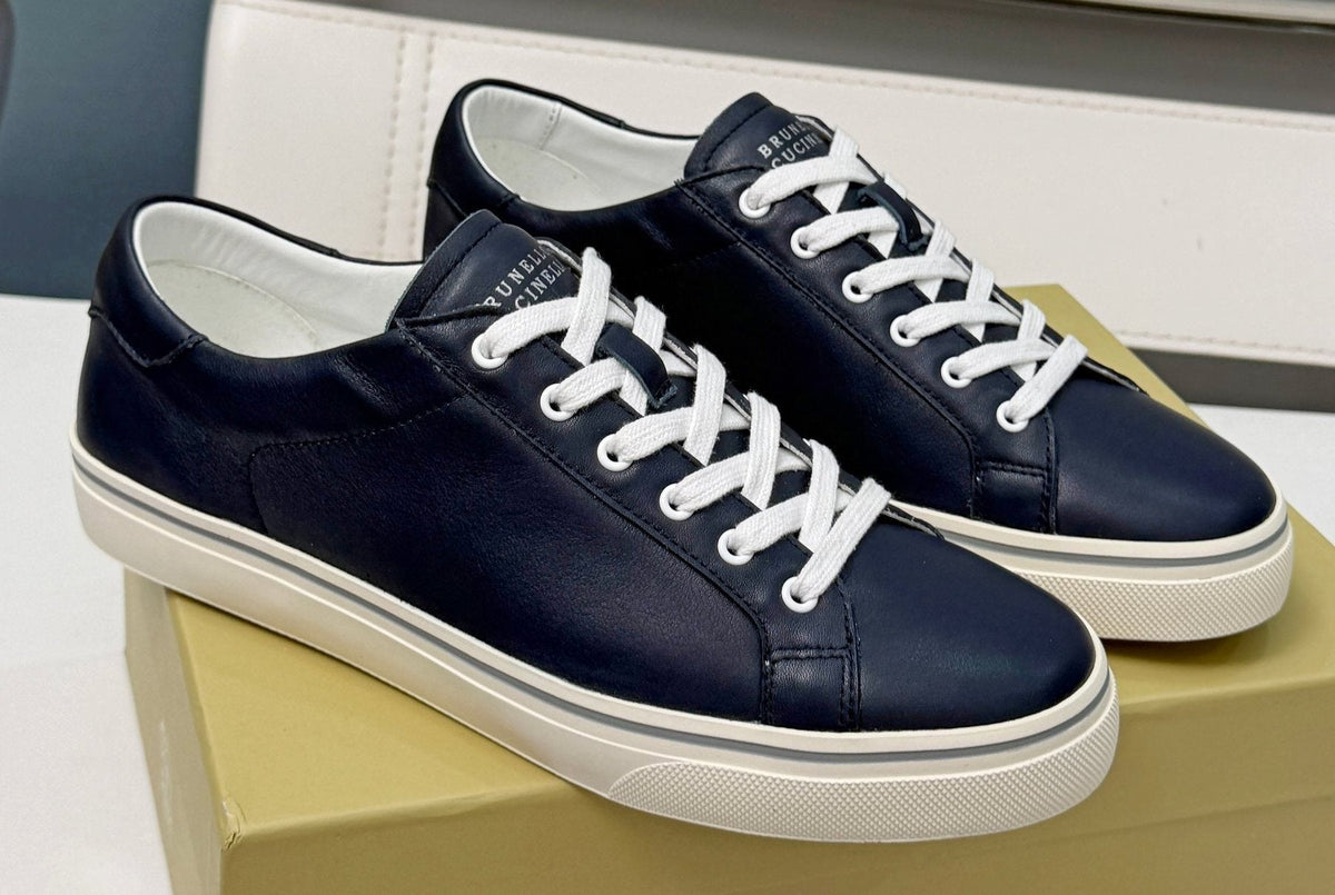 Brunello Cucinelli Navy Leather Low-Top Sneakers — front